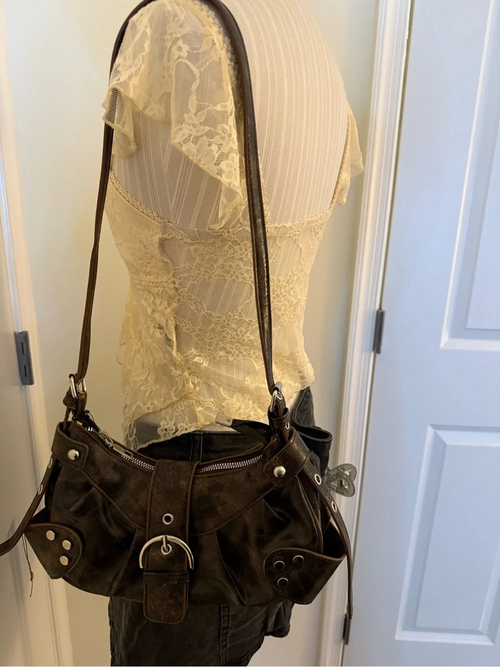 Women's Dark Brown Distressed Leatherette Shoulder Bag with Buckle Detail